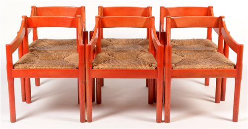 Lot 1124 - Vico Magistretti for Habitat: six beech and rush seated armchairs.