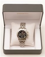 Lot 476 - Zenith. A stainless steel automatic calendar chronograph bracelet watch, El Primero Rainbow