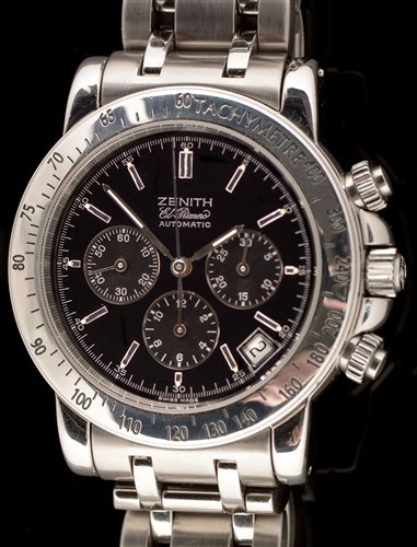 Lot 476 - Zenith. A stainless steel automatic calendar chronograph bracelet watch, El Primero Rainbow