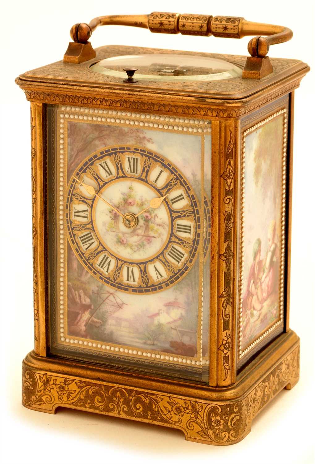 Lot 746 - Richard & Co: a brass and porcelain mounted repeating carriage clock