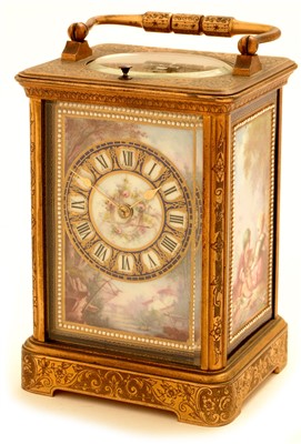 Lot 746 - Richard & Co: a brass and porcelain mounted repeating carriage clock