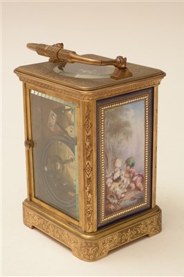 Lot 746 - Richard & Co: a brass and porcelain mounted repeating carriage clock