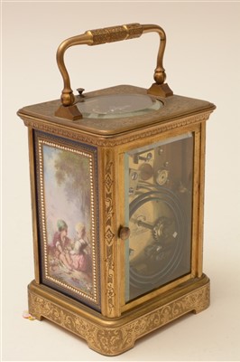 Lot 746 - Richard & Co: a brass and porcelain mounted repeating carriage clock