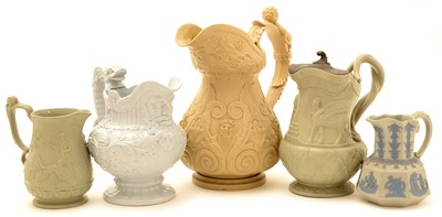 Lot 87 - Five Staffordshire moulded jugs.