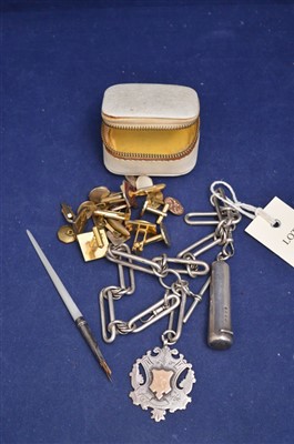 Lot 318 - Silver albert chain, fob pendant , pen and gold coloured cufflinks