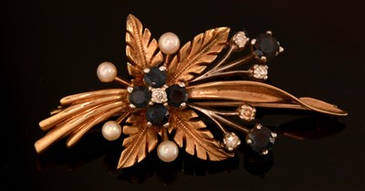 Lot 135 - Sapphire Diamond and Pearl Brooch