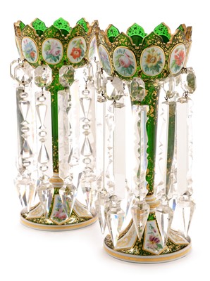 Lot 621 - Pair of Bohemian green glass lustres