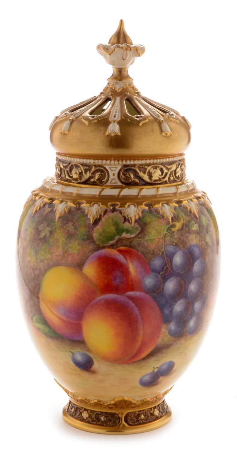 Lot 547 - Royal Worcester fruit painted pot pourri vase and cover by H Ayrton