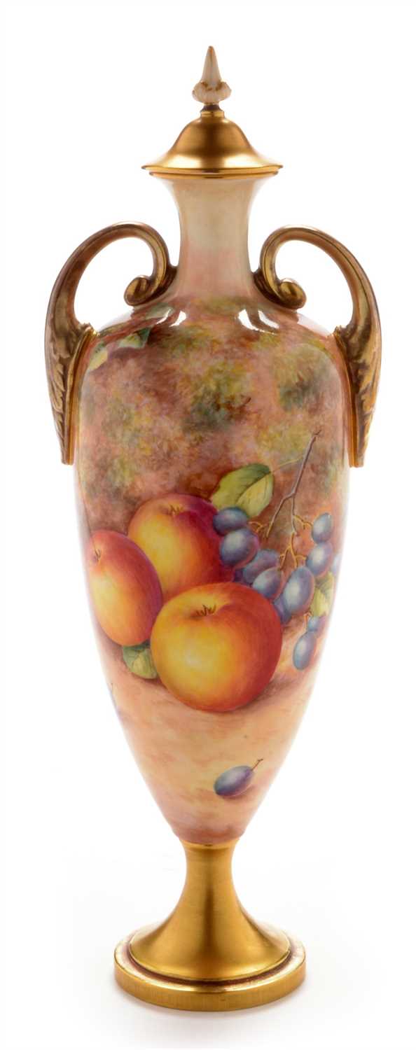Lot 550 - Royal Worcester fruit painted vase and cover by Freeman