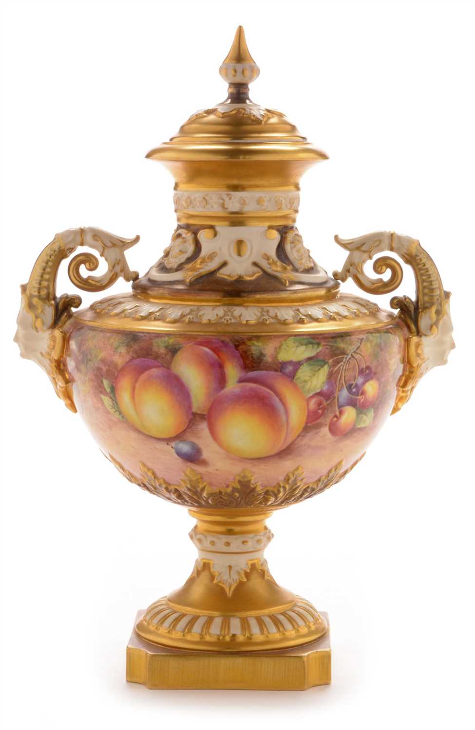 Lot 555 - Royal Worcester fruit painted vase and cover by Freeman