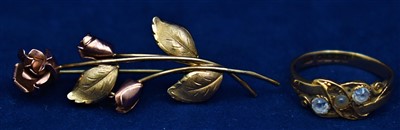 Lot 69 - 18ct gold pearl and white sapphire ring, and yellow metal brooch