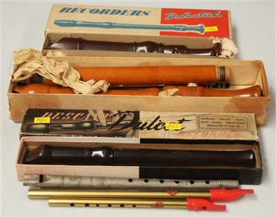 Lot 30A - Adler Tenor Recorder, two others and 3 tin whistles.