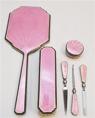 Lot 256 - Silver and enamel dressing table set