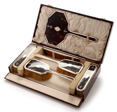 Lot 148 - Silver and tortoiseshell dressing table set