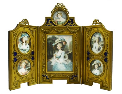 Lot 1064 - An ornate French ormolu and enamel three-fold table screen.