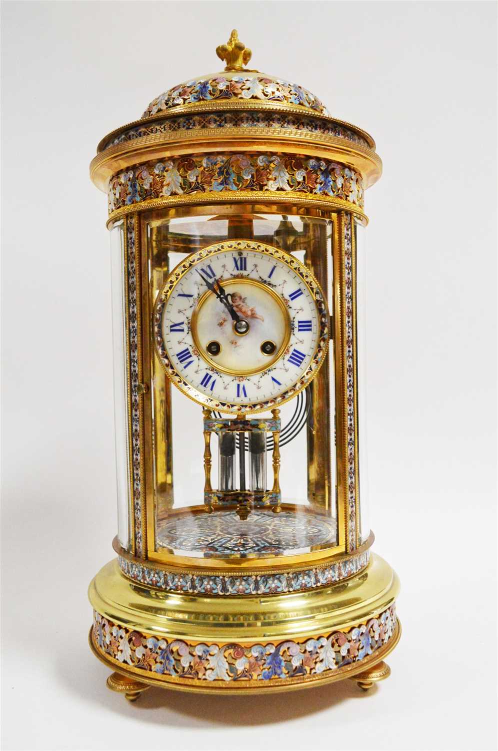 Lot 984 - Champleve enamel brass mantel clock