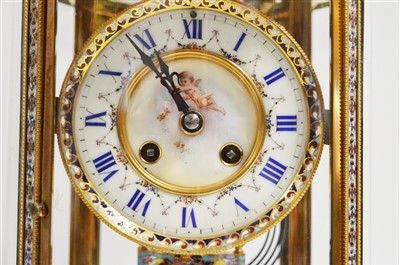 Lot 984 - Champleve enamel brass mantel clock