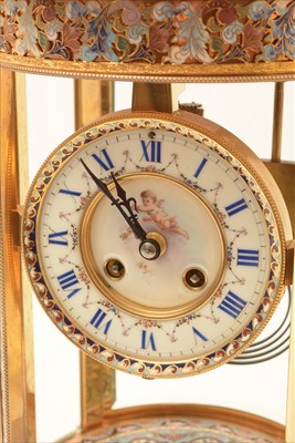 Lot 984 - Champleve enamel brass mantel clock