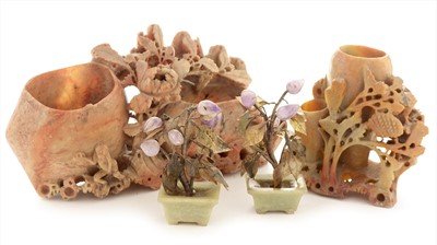 Lot 418 - Two Chinese brush washers; and two tree ornaments.