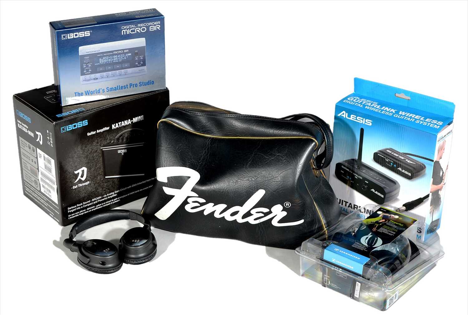 Lot 92 - Vintage Fender bag, qty leads, microphones strings etc