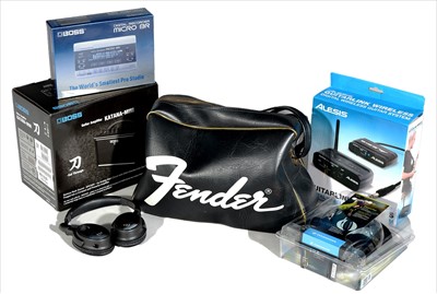 Lot 92 - Vintage Fender bag, qty leads, microphones strings etc