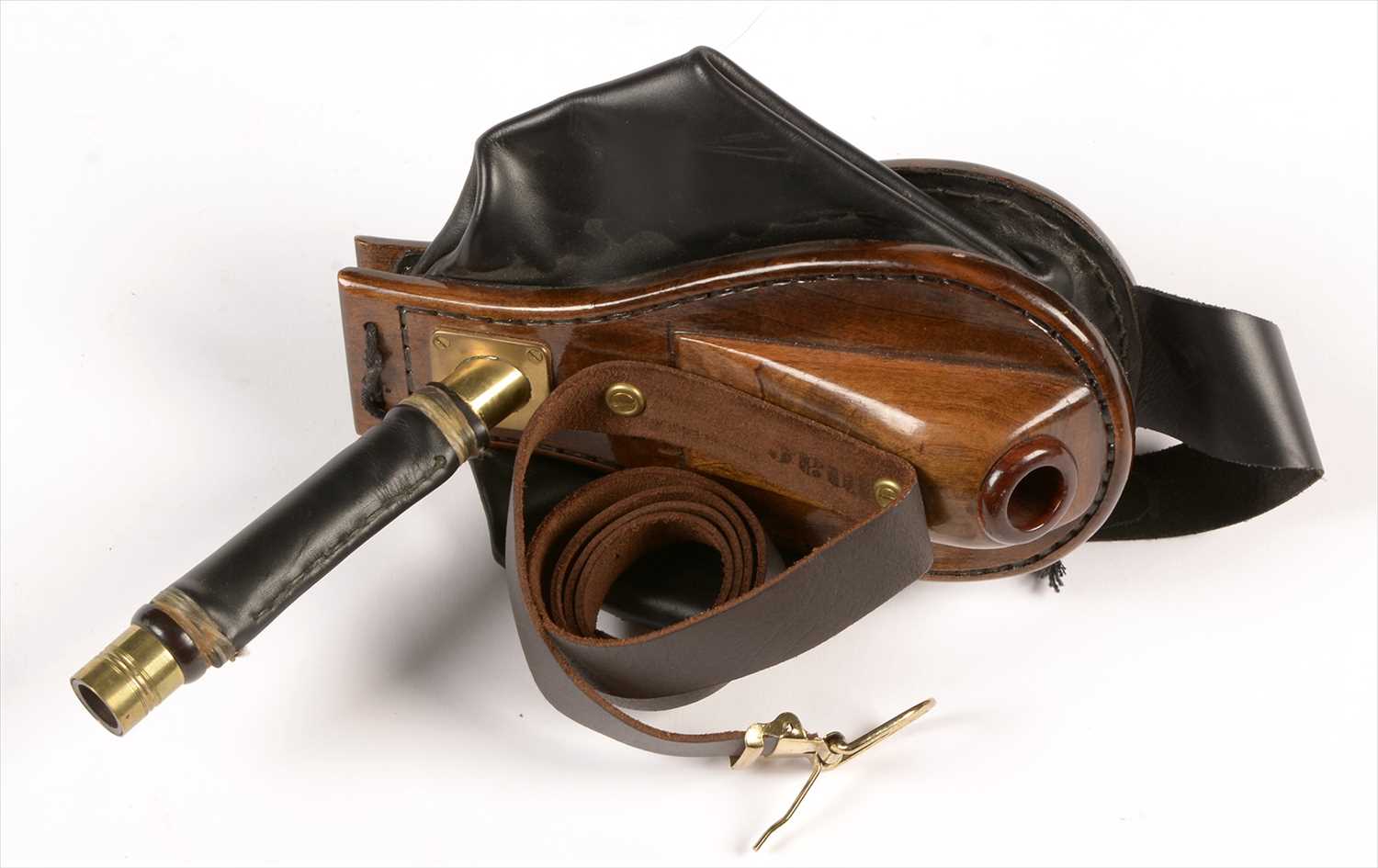 Lot 185 - Set of stained fruitwood and black leather bellows.