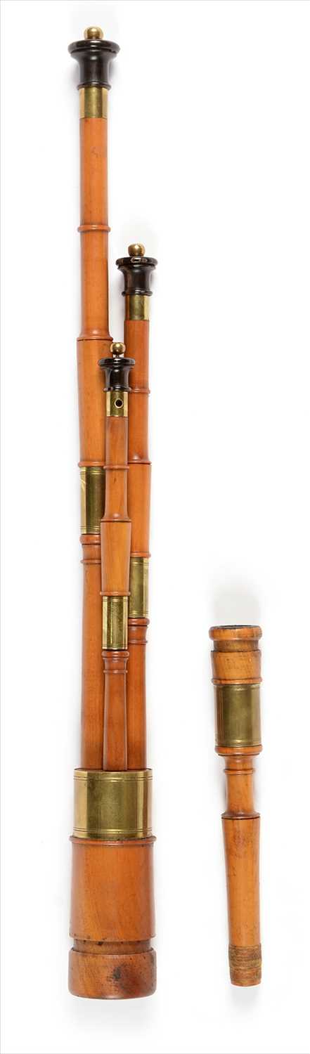 Lot 199 - Set of three pearwood, brass and black horn drones.