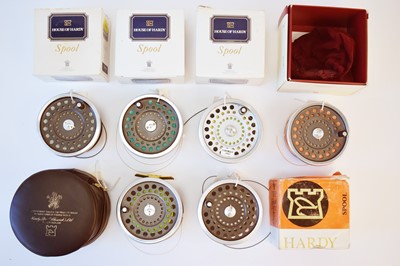 Lot 757 - Hardy Bros. 'Marquis' reel; 5 spare spools and 4 spool boxes.