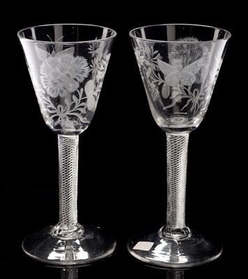 Lot 510 - Pair of engraved airtwist wine glasses