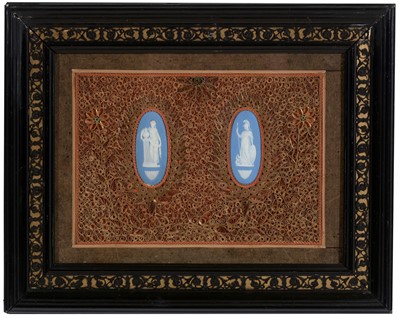Lot 452 - Jasper ware oval classical medallions in scroll paper mount
