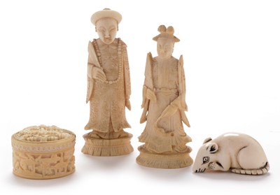 Lot 416 - Two Canton ivory chess pieces; small Chinese ivory box; and a netsuke.