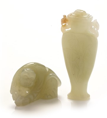 Lot 421 - Chinese green jade vase, jade figure
