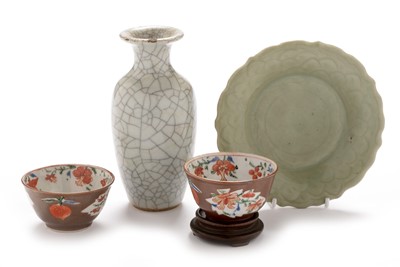 Lot 374 - Celadon plate, two tea bowls, crackle glaze vase