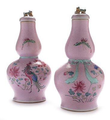 Lot 430 - Pair of Chinese famille rose vases and covers