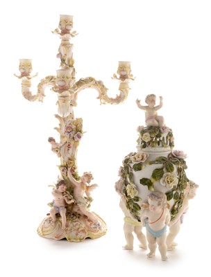 Lot 643 - Volkstedt three-branch candelabra; Sitzendorf pot pourri and cover