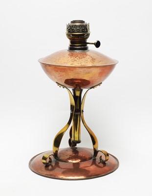 Lot 783 - Manner of W.A.S Benson - an Arts and Crafts copper brass oil lamp