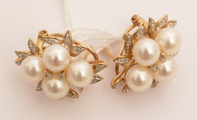 Lot 98 - A pair of cultured pearl and diamond earrings