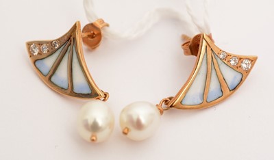 Lot 100 - A pair of cultured pearl, diamond and enamel earrings