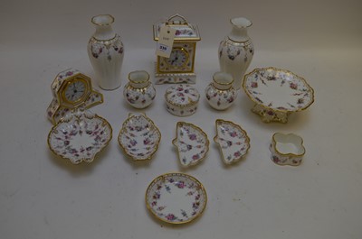 Lot 335 - Royal Crown Derby 'Royal Antoinette' pattern clocks, vases and dishes.
