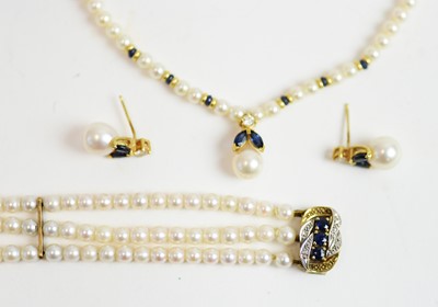 Lot 48 - Pearl, diamond and sapphire necklace, bracelet and earrings