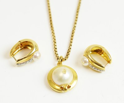 Lot 74 - A pair of pearl and diamond earrings, and a Mabe pearl pendant