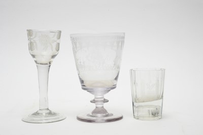Lot 649 - Sunderland Bridge rummer, wine glass, masonic shot glass