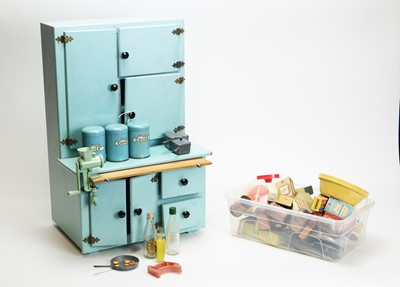 Lot 941 - Tri-ang, England: a doll's blue-painted wood kitchen dresser, and accessories.