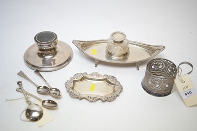Lot 410 - Silver hallmarked inkwell, another; and other small silver items.