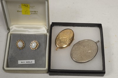 Lot 57 - A pair of opal earrings; and two locket pendants.