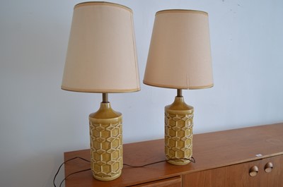 Lot 24 - A pair of mid Century pottery geometric pattern table lamps.