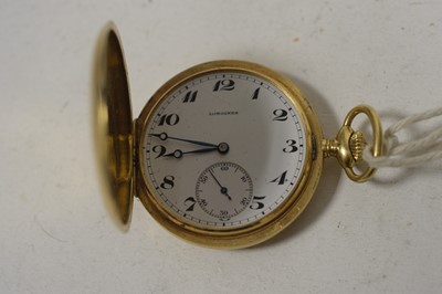 Lot 46 - An 18ct. yellow gold Longines Hunter pocket watch.
