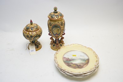 Lot 298 - A pair of Zsolnay covered vases; and four Copeland & Garrett plates.