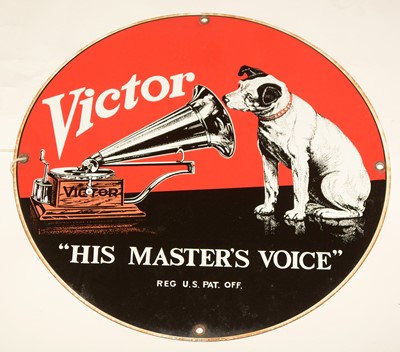 Lot 1111 - A Victor "His Masters Voice" circular enamel advertising sign.