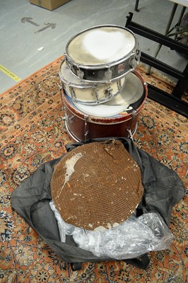 Lot 490 - Assorted snare and other drums; cymbal heads; and music stands.